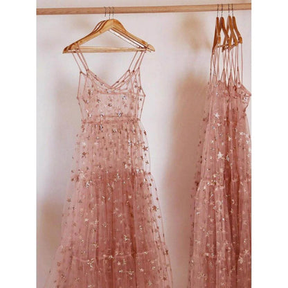 Spaghetti Strap Sheer Sparkly Tulle Cover Up Dress pink l by HitMyNeed
