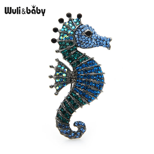 Sparkling Rhinestone Seahorse Brooch Pin blue by HitMyNeed
