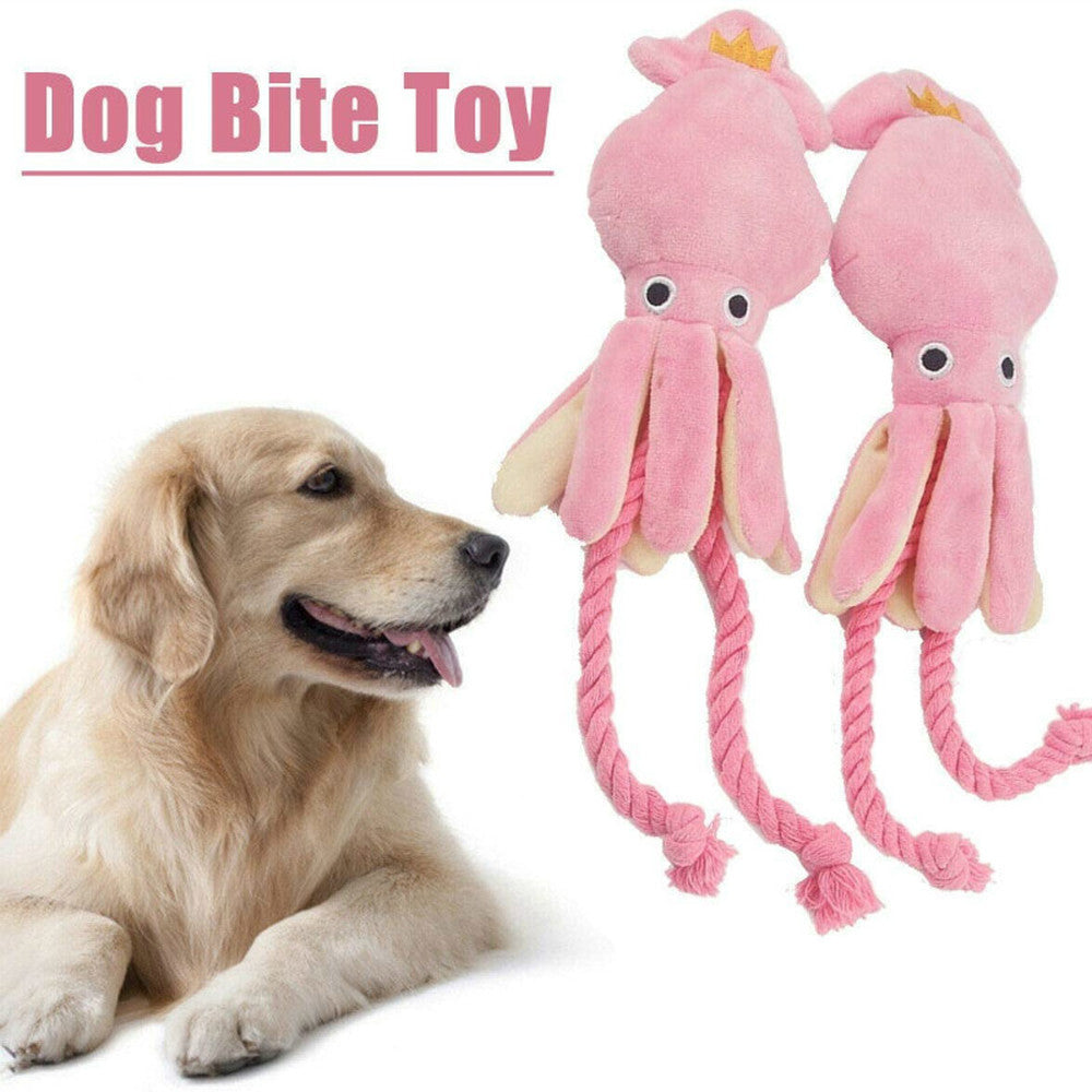 Squeaky Plush Squid Dog Toy with Rope, 34cm by HitMyNeed