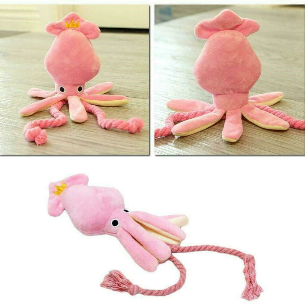 Squeaky Plush Squid Dog Toy with Rope, 34cm by HitMyNeed