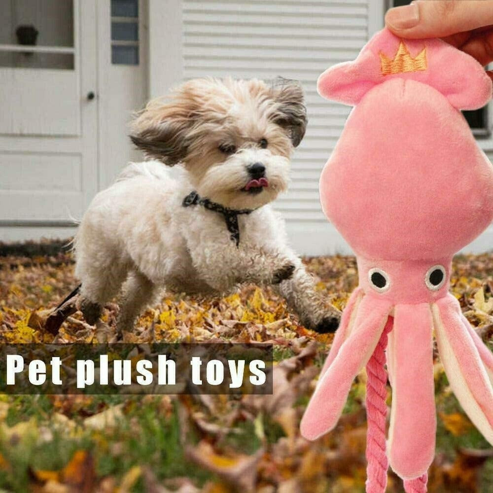 Squeaky Plush Squid Dog Toy with Rope, 34cm by HitMyNeed