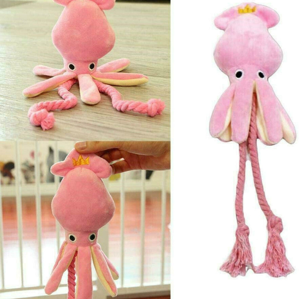 Squeaky Plush Squid Dog Toy with Rope, 34cm by HitMyNeed