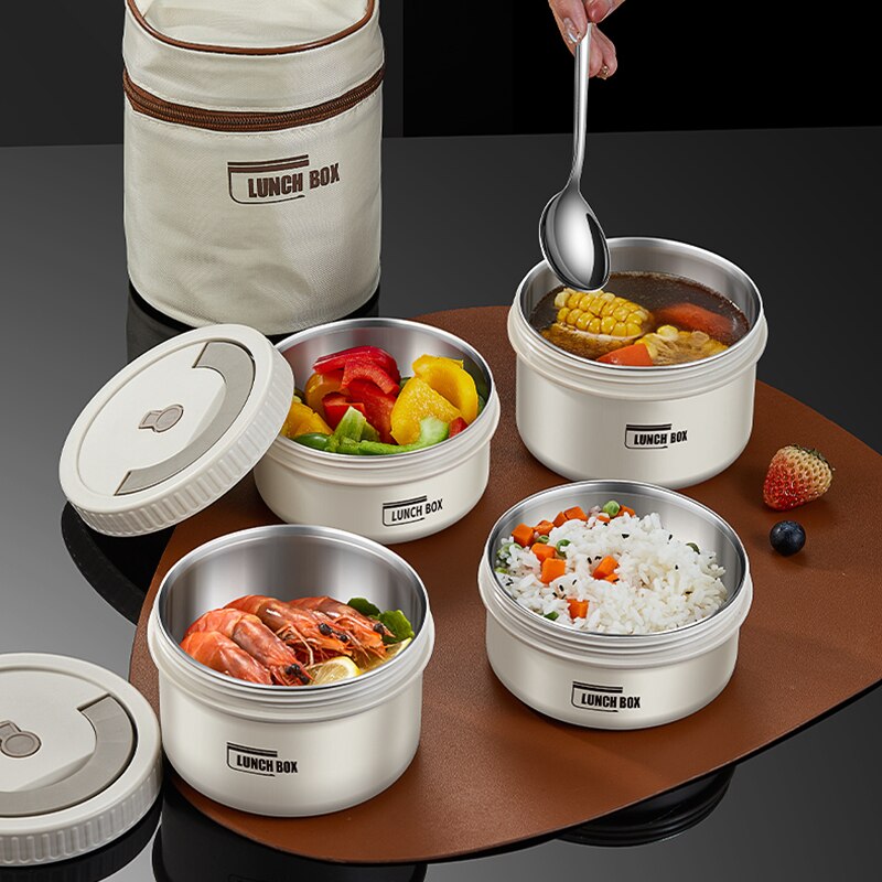 Stackable Stainless Steel Insulated Bento Lunch Box Set C: 470ml x 2 + 650ml x 2 + bag by HitMyNeed