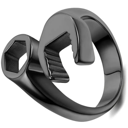 Stainless Steel Adjustable Wrench Ring for Men black 7.0 by HitMyNeed
