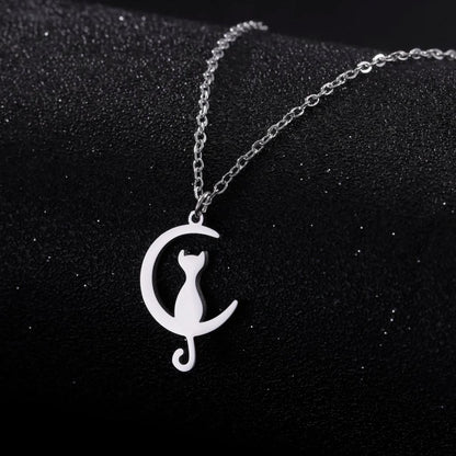 Stainless Steel Cat and Moon Pendant Necklace by HitMyNeed