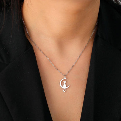 Stainless Steel Cat and Moon Pendant Necklace by HitMyNeed