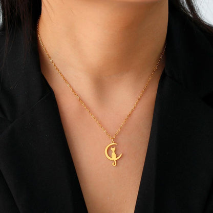 Stainless Steel Cat and Moon Pendant Necklace by HitMyNeed