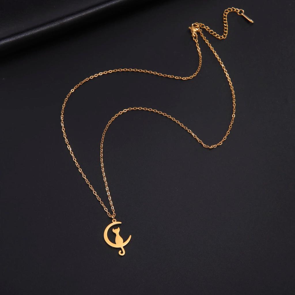 Stainless Steel Cat and Moon Pendant Necklace by HitMyNeed