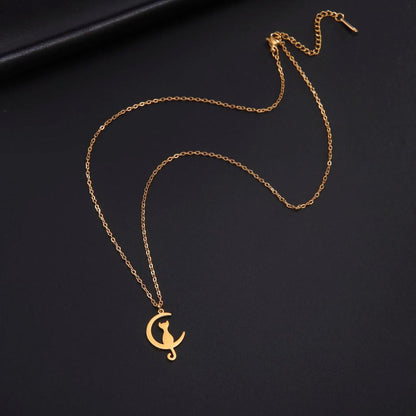 Stainless Steel Cat and Moon Pendant Necklace by HitMyNeed