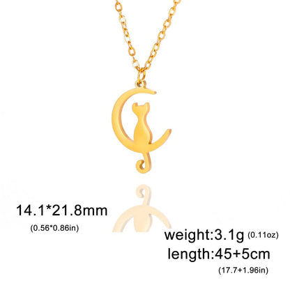 Stainless Steel Cat and Moon Pendant Necklace gold-color by HitMyNeed