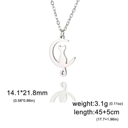 Stainless Steel Cat and Moon Pendant Necklace steel-color by HitMyNeed