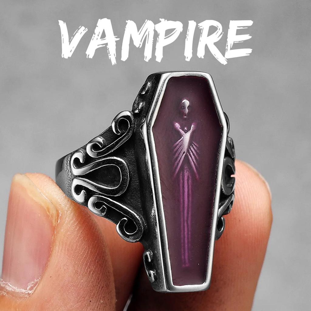 Stainless Steel Coffin Ring - Gothic Retro Design 13.0 r1227-purple by HitMyNeed