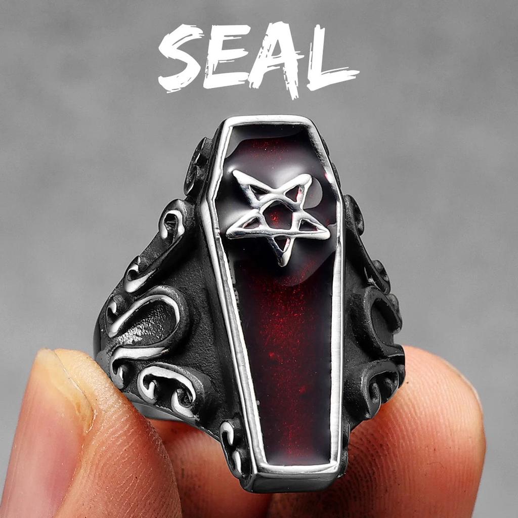 Stainless Steel Coffin Ring - Gothic Retro Design 13.0 r1227-seal by HitMyNeed