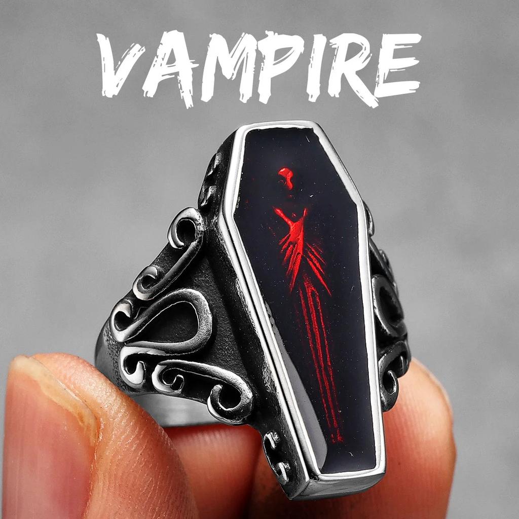 Stainless Steel Coffin Ring - Gothic Retro Design 14.0 r1227-red by HitMyNeed