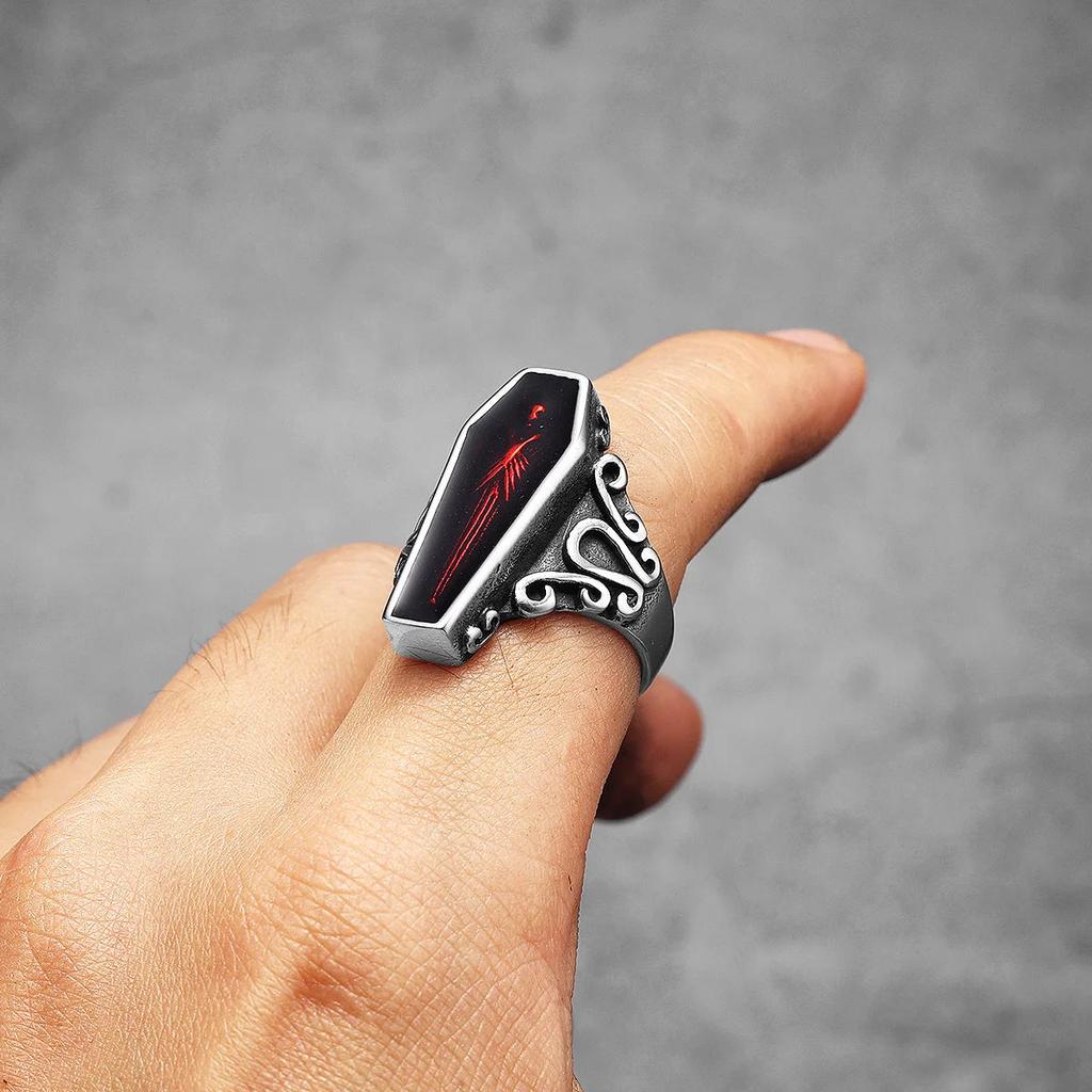 Stainless Steel Coffin Ring - Gothic Retro Design by HitMyNeed