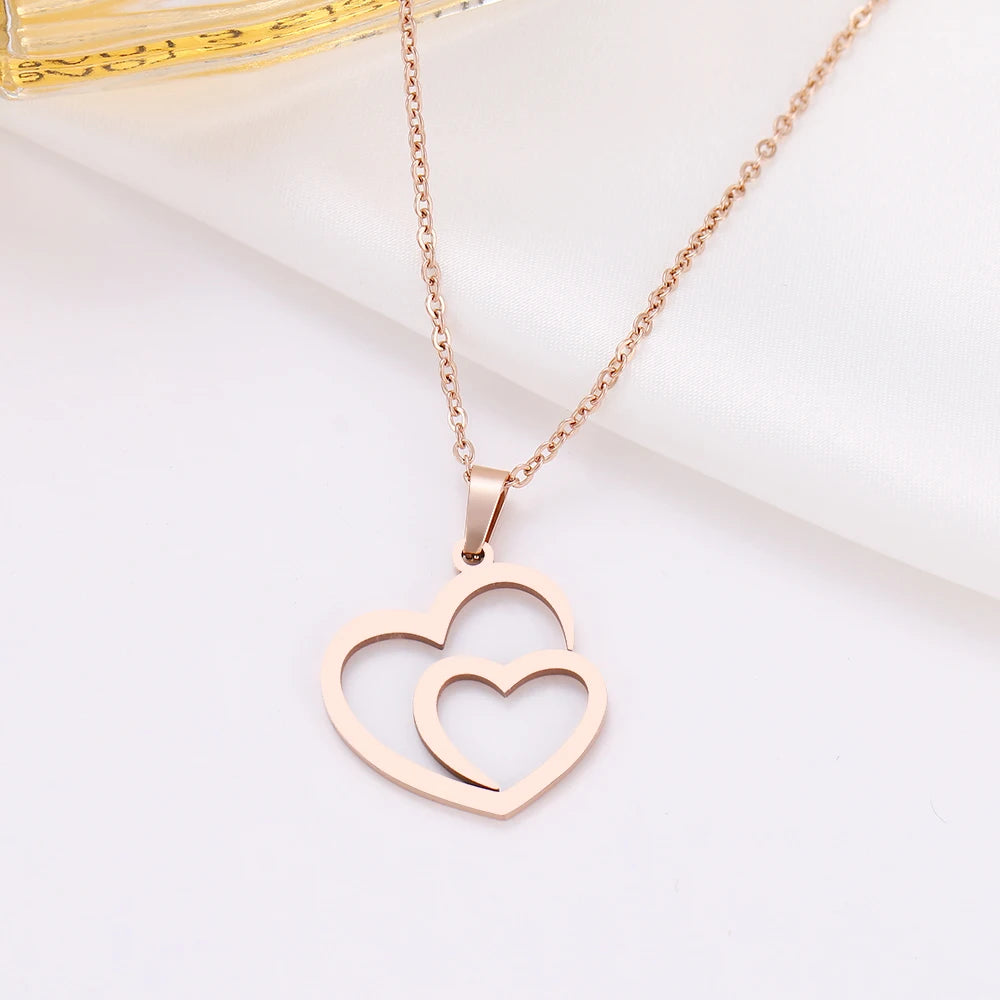 Stainless Steel Double Heart Pendant Necklace rose-gold by HitMyNeed
