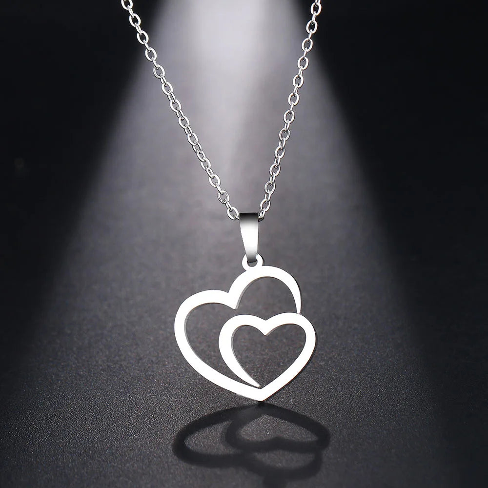 Stainless Steel Double Heart Pendant Necklace silver by HitMyNeed