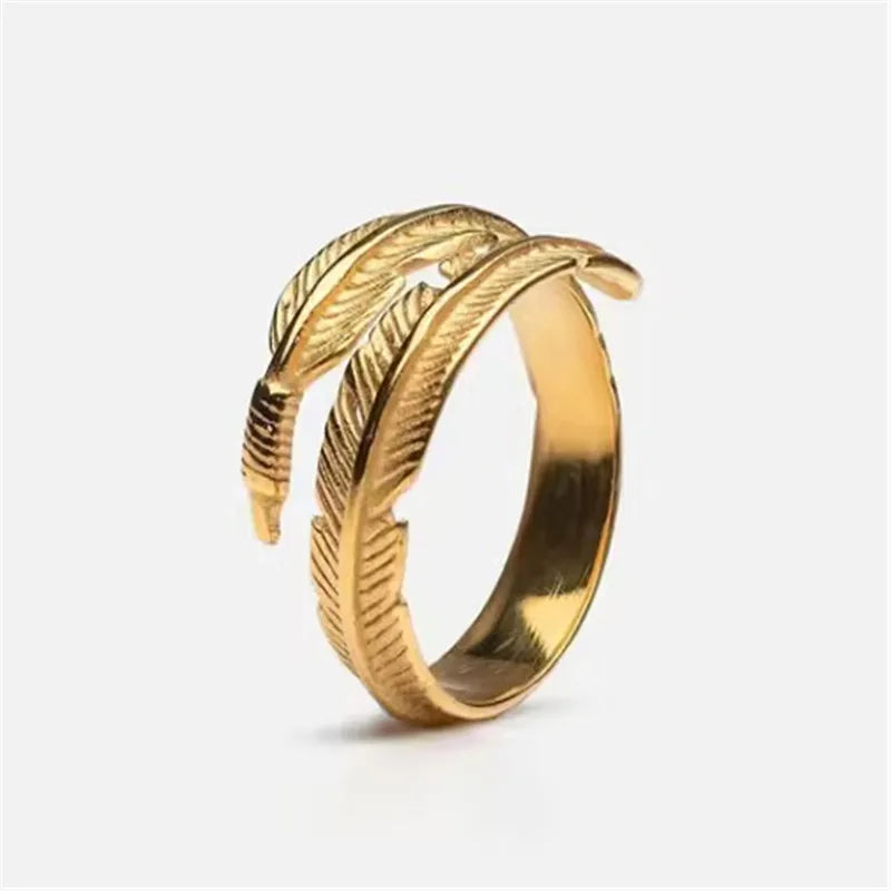 Stainless Steel Feather Ring for Men and Women golden 8.0 by HitMyNeed