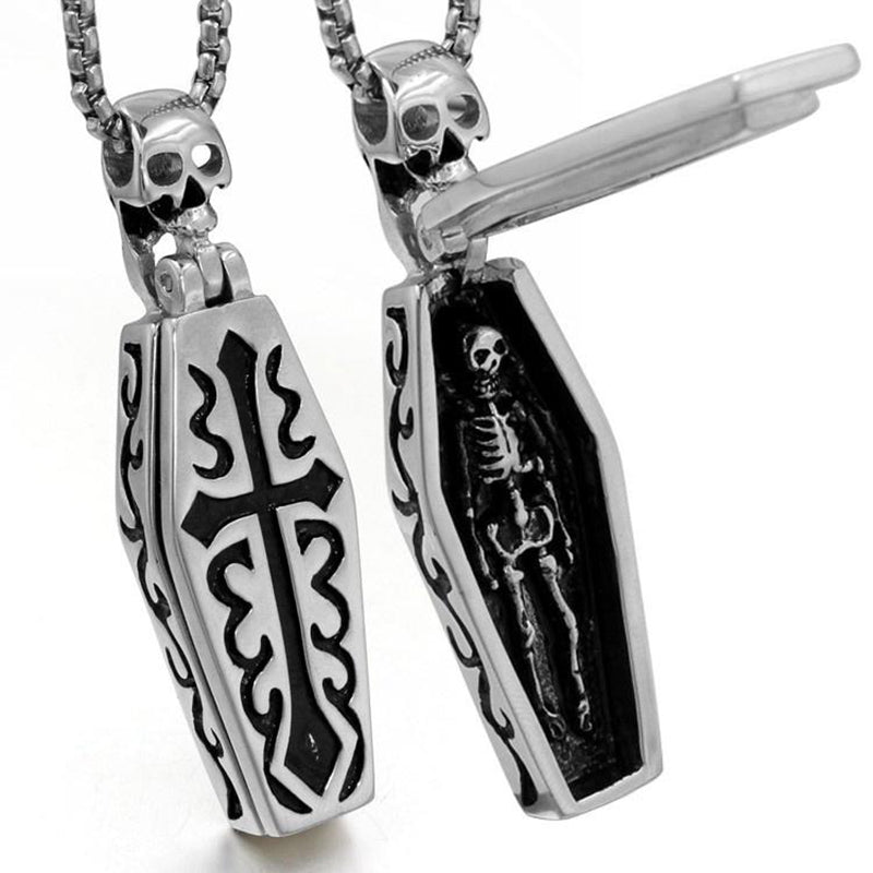 Stainless Steel Gothic Coffin Skeleton Necklace by HitMyNeed