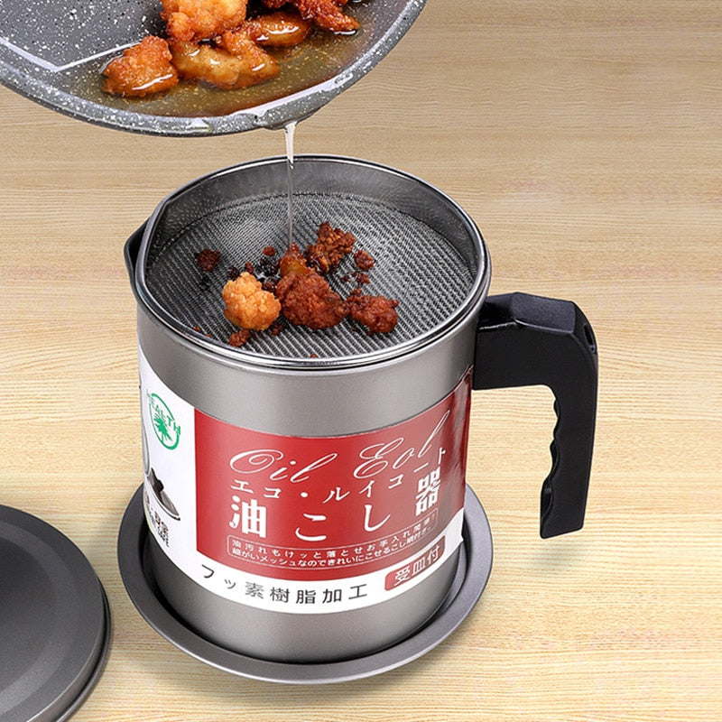 Stainless Steel Oil Strainer Pot with Lid - 1.4L by HitMyNeed