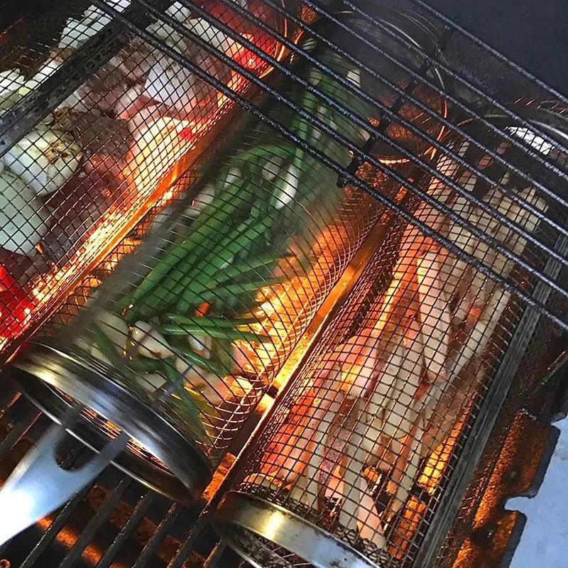 Stainless Steel Rolling BBQ Grill Basket Cylinder by HitMyNeed