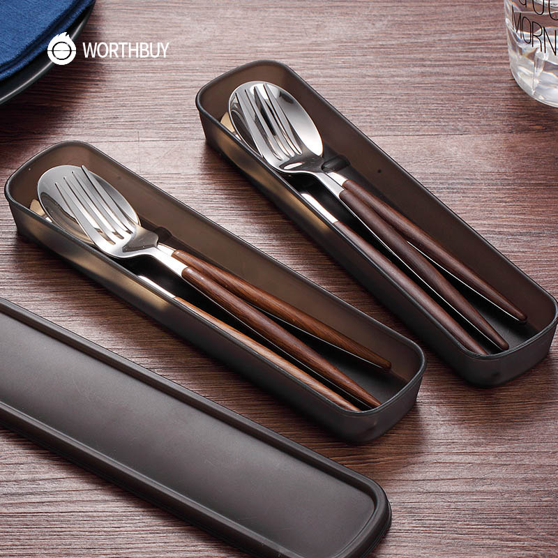 Stainless Steel Travel Cutlery Set with Wooden Handle by HitMyNeed