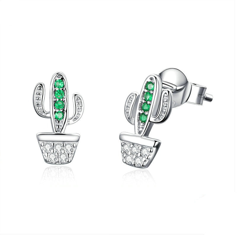 Sterling Silver Cactus Stud Earrings with Cubic Zirconia by HitMyNeed