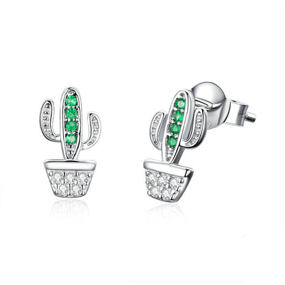 Sterling Silver Cactus Stud Earrings with Cubic Zirconia by HitMyNeed