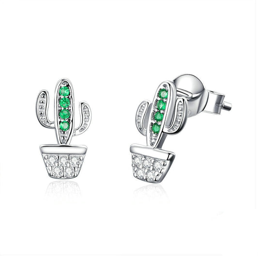 Sterling Silver Cactus Stud Earrings with Cubic Zirconia by HitMyNeed