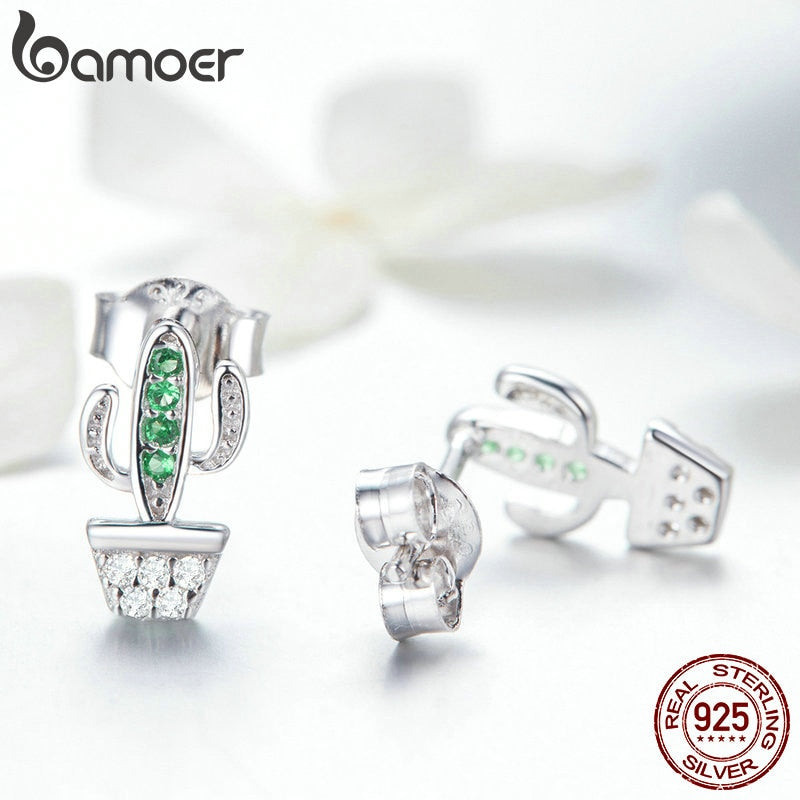 Sterling Silver Cactus Stud Earrings with Cubic Zirconia by HitMyNeed