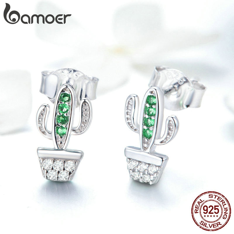 Sterling Silver Cactus Stud Earrings with Cubic Zirconia by HitMyNeed