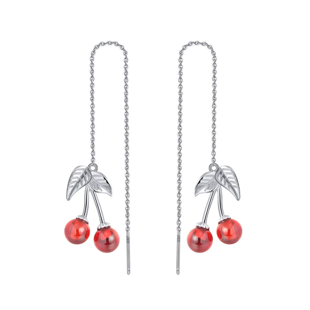 Sterling Silver Cherry Long Drop Garnet Earrings by HitMyNeed