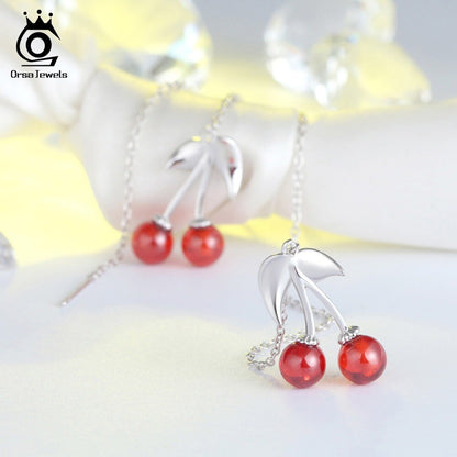 Sterling Silver Cherry Long Drop Garnet Earrings by HitMyNeed