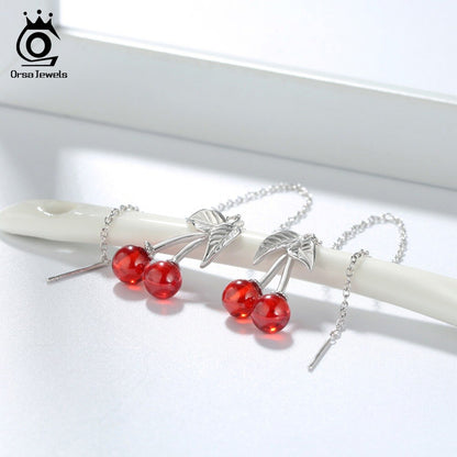Sterling Silver Cherry Long Drop Garnet Earrings by HitMyNeed