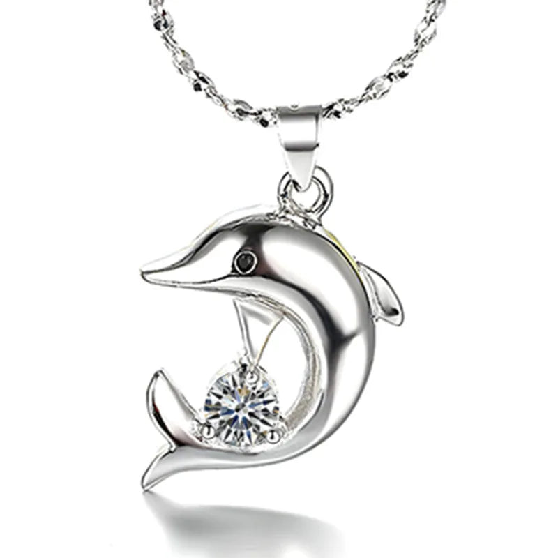 Sterling Silver Dolphin Necklace with Zircon Pendant by HitMyNeed