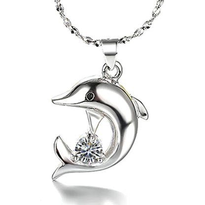 Sterling Silver Dolphin Necklace with Zircon Pendant by HitMyNeed