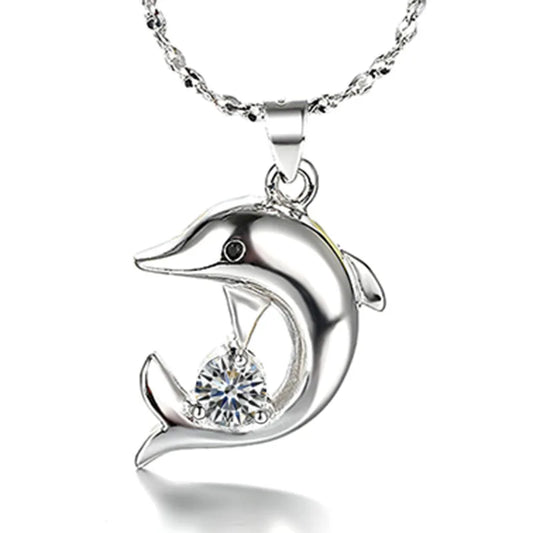 Sterling Silver Dolphin Necklace with Zircon Pendant by HitMyNeed