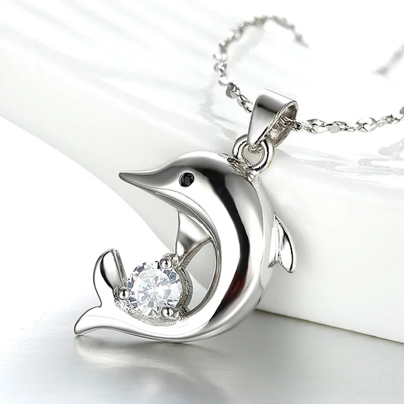Sterling Silver Dolphin Necklace with Zircon Pendant by HitMyNeed