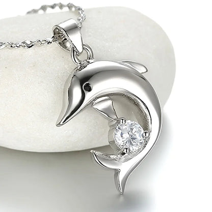 Sterling Silver Dolphin Necklace with Zircon Pendant by HitMyNeed