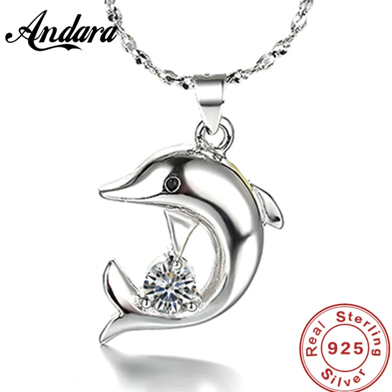Sterling Silver Dolphin Necklace with Zircon Pendant by HitMyNeed