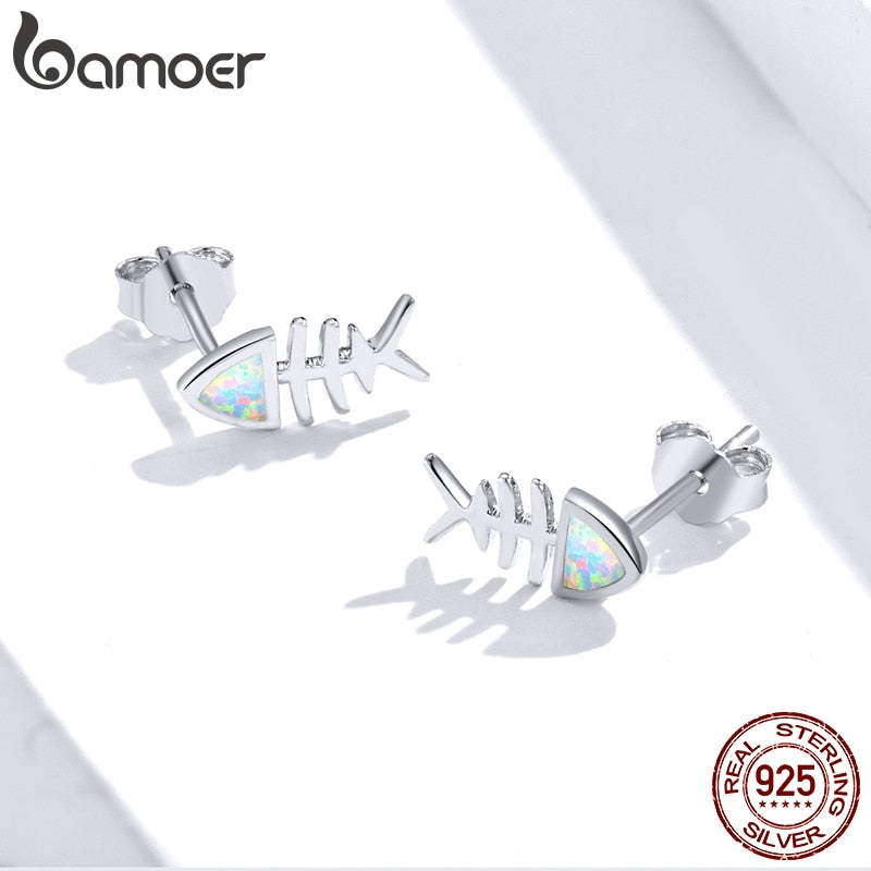 Sterling Silver Fish Bone Opal Stud Earrings by HitMyNeed