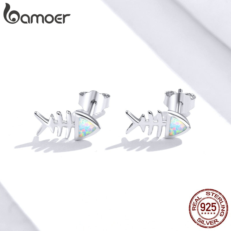 Sterling Silver Fish Bone Opal Stud Earrings by HitMyNeed