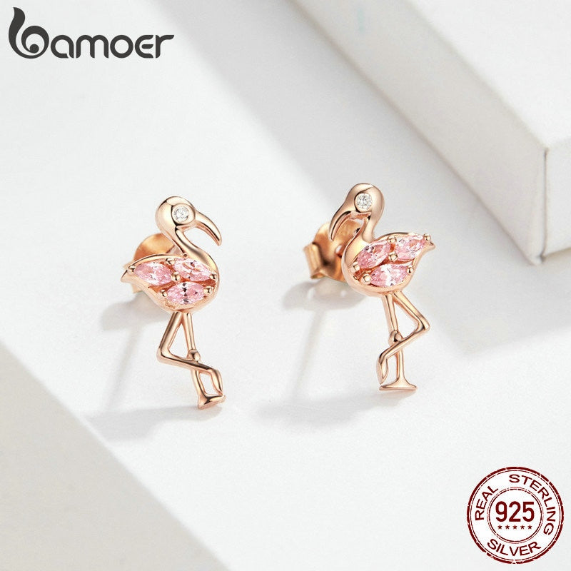 Sterling Silver Flamingo Stud Earrings for Women by HitMyNeed