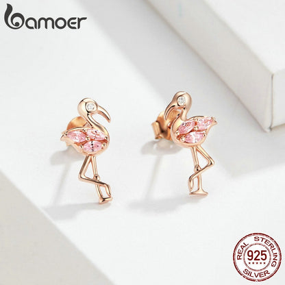 Sterling Silver Flamingo Stud Earrings for Women by HitMyNeed