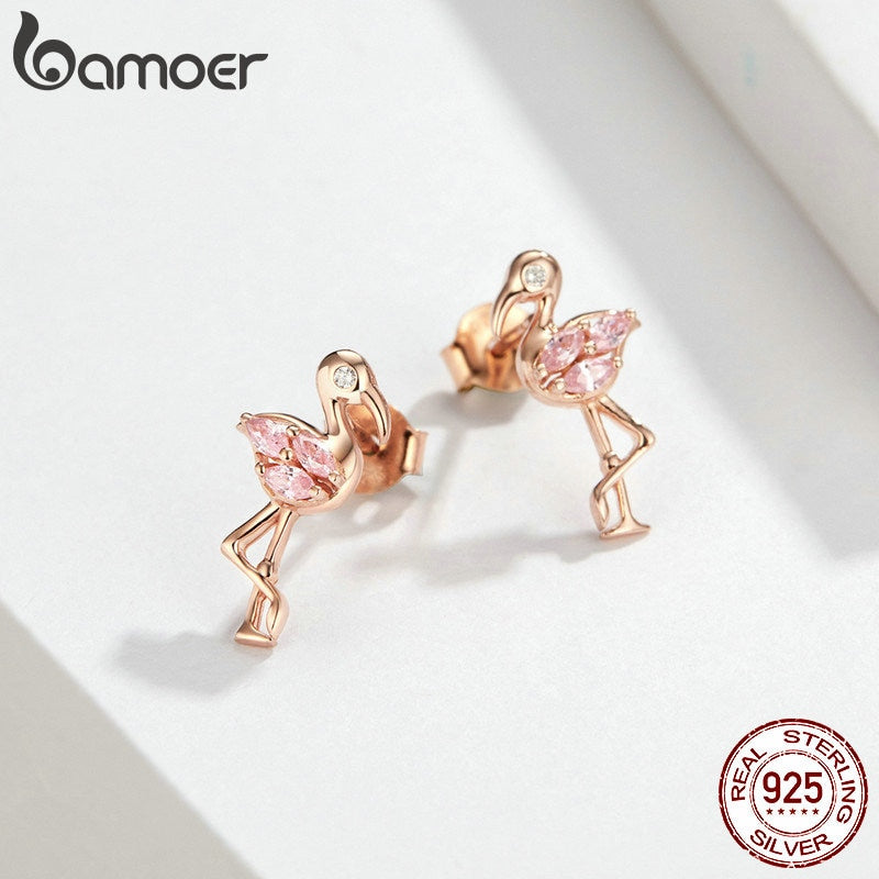 Sterling Silver Flamingo Stud Earrings for Women by HitMyNeed