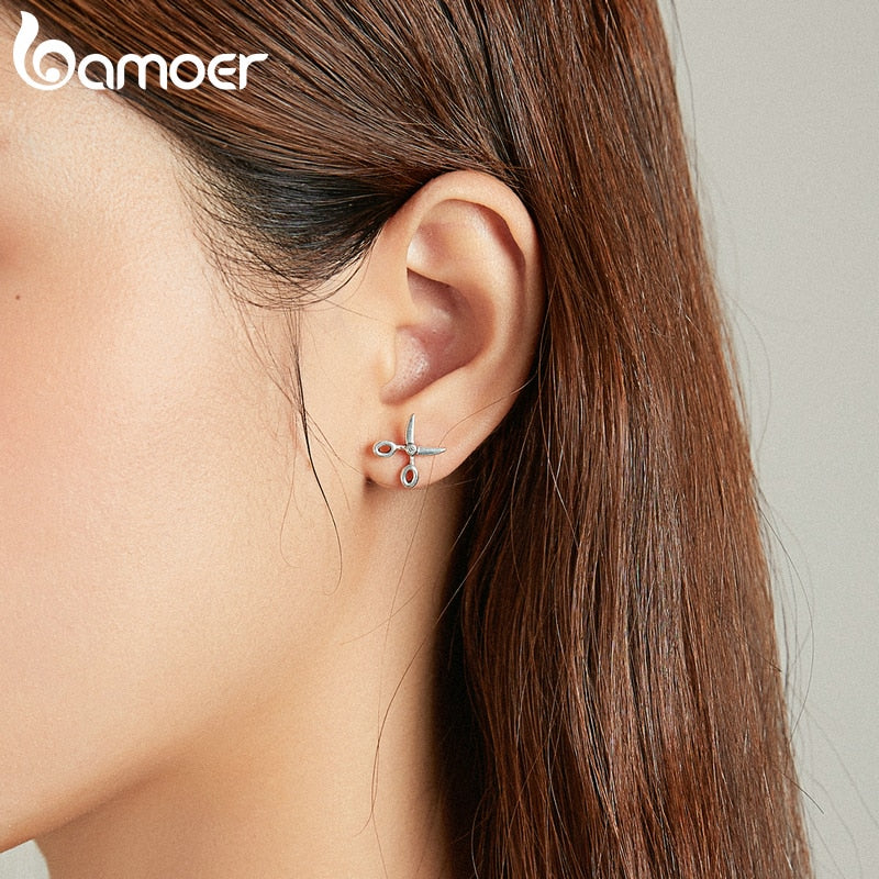 Sterling Silver Scissor Stud Earrings with CZ by HitMyNeed
