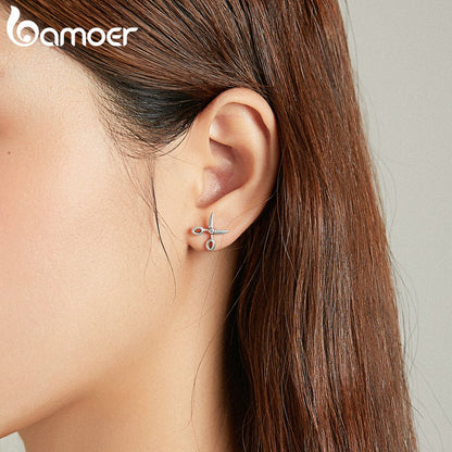 Sterling Silver Scissor Stud Earrings with CZ by HitMyNeed