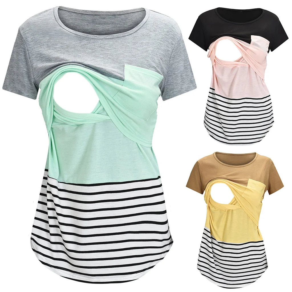 Striped Nursing Maternity T-Shirt Short Sleeve Top by HitMyNeed