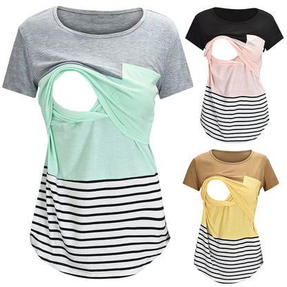 Striped Nursing Maternity T-Shirt Short Sleeve Top by HitMyNeed