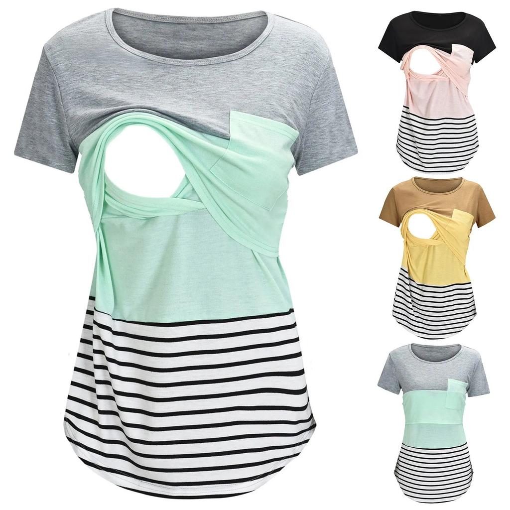 Striped Nursing Maternity T-Shirt Short Sleeve Top by HitMyNeed